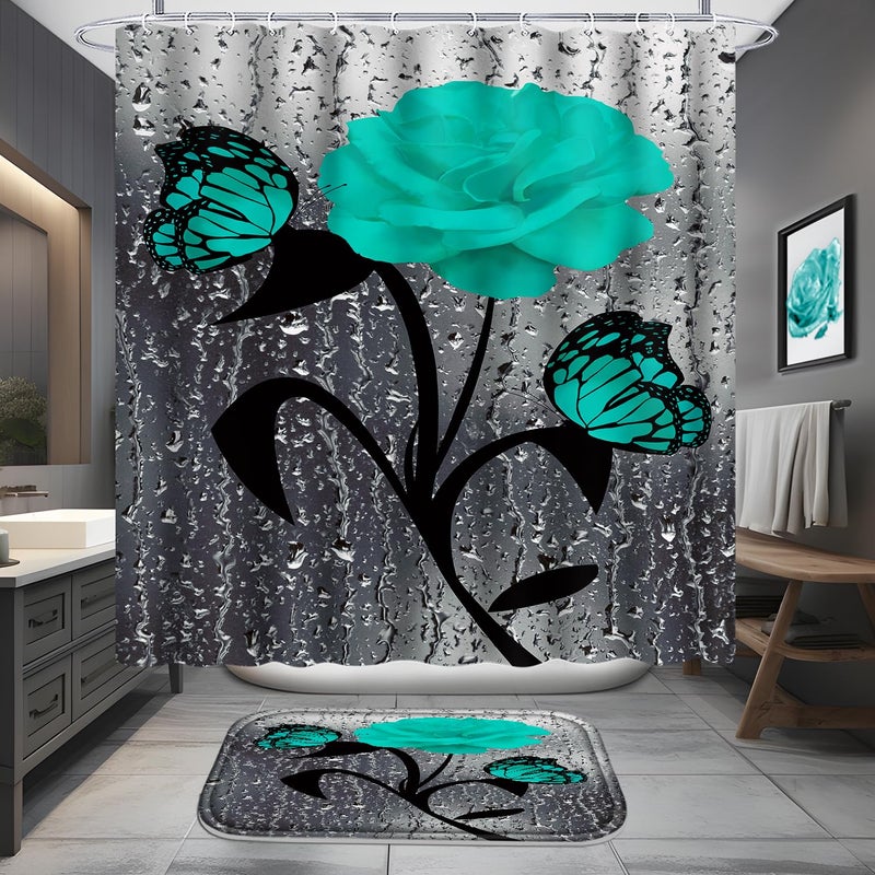 Poedist 4 Pcs Bathroom Set Green Rose Shower Curtain Sets  Romantic Shower Curtain Sets with Rugs(Bath Mat U Shape and Toilet Lid Cover Mat) and 12 Hooks - Image 2